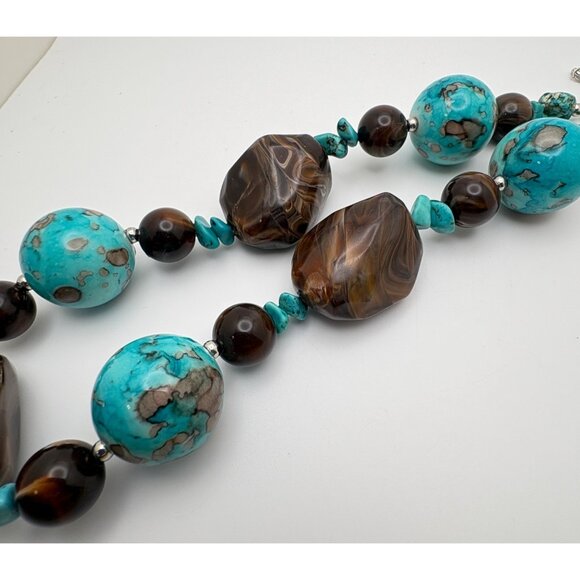 Vintage Chunky Beaded Necklace Faux Turquoise & Brown Earth Tone Boho Statement - Picture 2 of 8